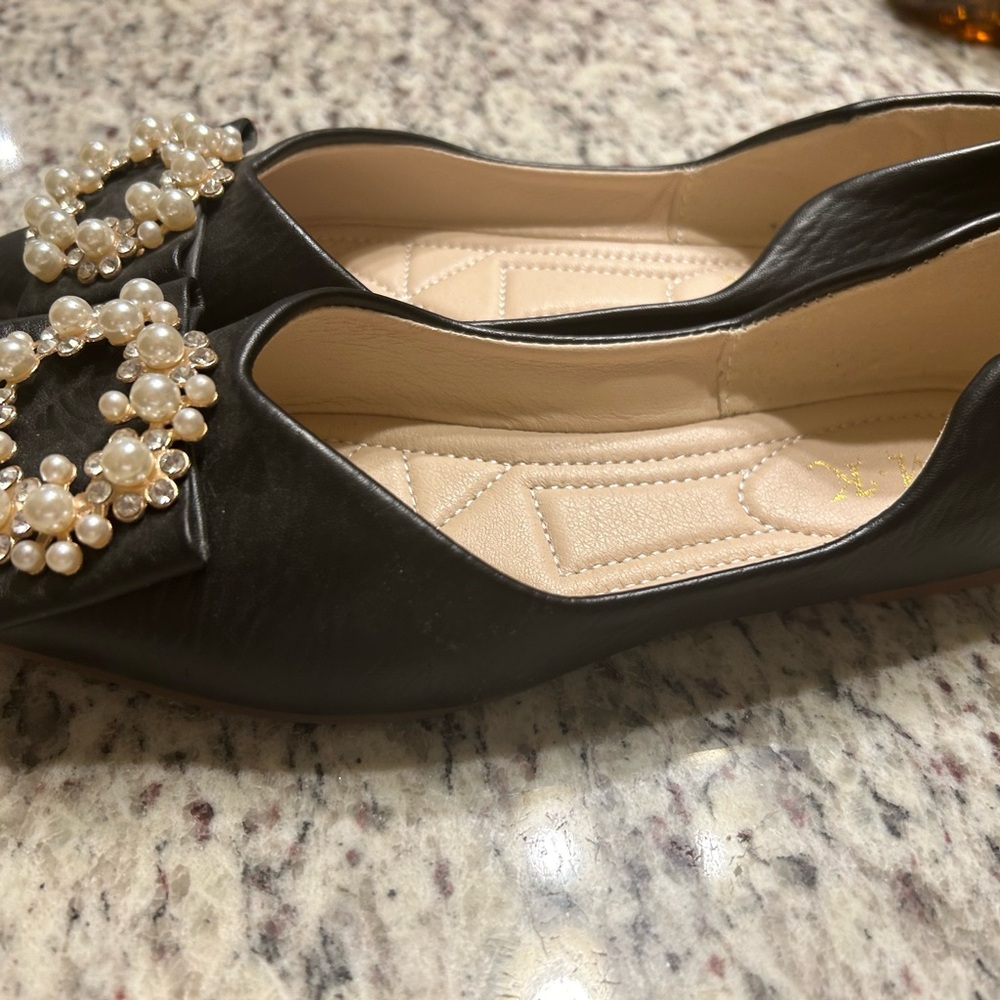 Darling Black Leather Flats with Jeweled Detail